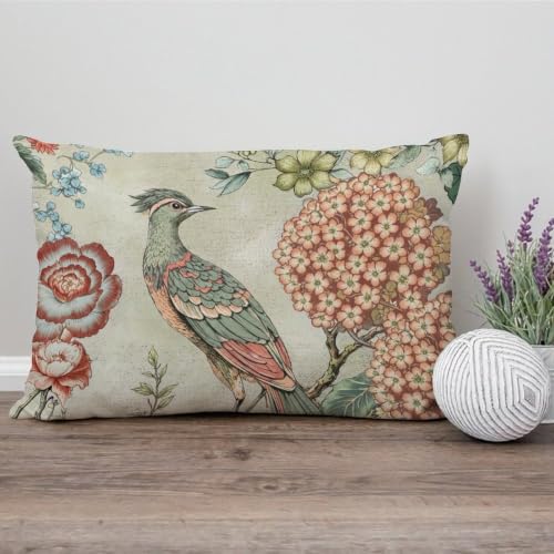 ArogGeld Hydrangea Camellia and Peacock Farmhouse Sofa Lumbar Pillowcase Orange Coral Chinoiserie Bird White Linen Lumbar Throw Pillow Chinoiserie Style Pillowcases for Living Room 16x24in