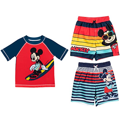 Disney Mickey Mouse Toddler Boys 3 Piece Swim Set: Rash Guard and 2 Swim Trunks 3T Red Navy