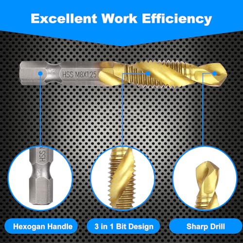 Image of Drill Tap Set 6Pcs, Titanium Plated Combination Taps Drill Bit Set | M3 M4 M5 M6 M8 M10 Hex Shank HSS Screw Thread Metric Compound Tap Drill Bits Metal Drilling