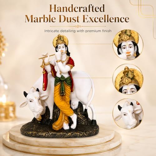 Image of ARMONIA Premium Radha Krishna Idol with Kamdhenu Cow | Marble Dust Radhe Krishna Murti Statue for Mandir, Living Room & Office Decor | Diwali, Janmashtami, Wedding & Housewarming Gift | 11 Inches