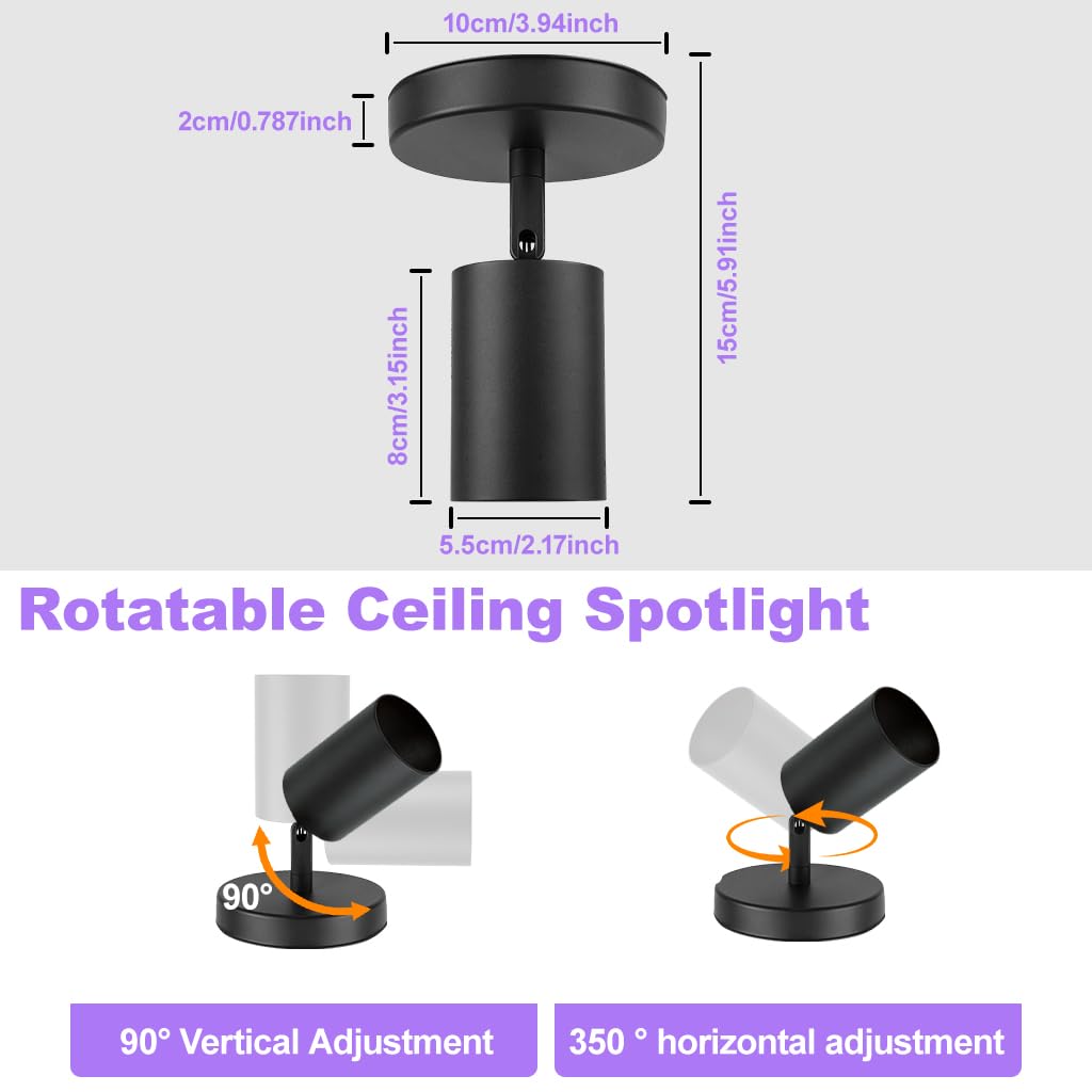 Faretto orientabile 4 pezzi senza lampadina GU10, lampada da parete interna, faretto da parete, faretto da soffitto, faretto da soffitto nero opaco girevole 350°/90° per soggiorno, cucina