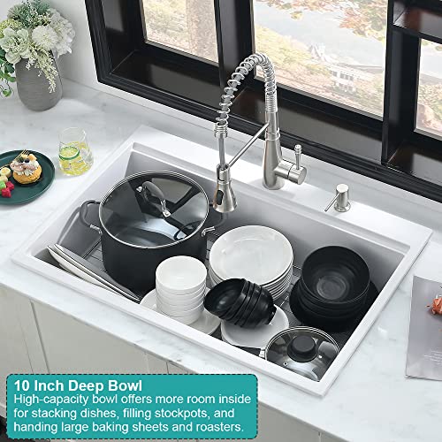33 White Drop In Kitchen Sink Workstation-Ianomla 33X22 Drop-In Topmount Quartz Composite White Kitchen Sink Drop In Workstation Single Bowl Kitchen Sink With Cutting Board&Drain #TOP6