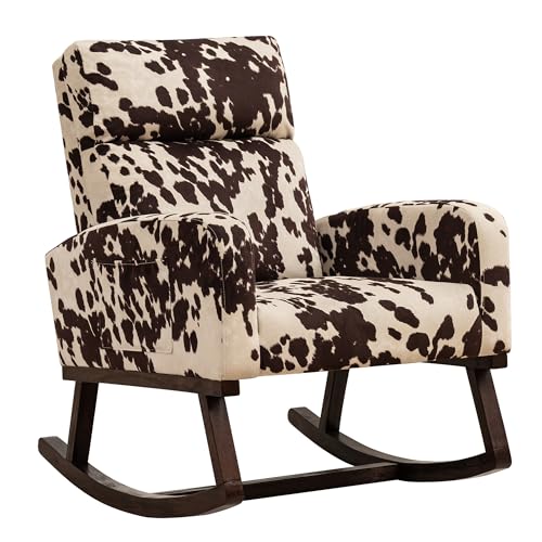 Image of HOMYKA Nursery Rocking Chairs, Cow Printed Fabric Glider Chair Nursery Chair for Mom with High Backrest, Side Pocket and Extended Wood Legs for Bedroom Living Room, Cow
