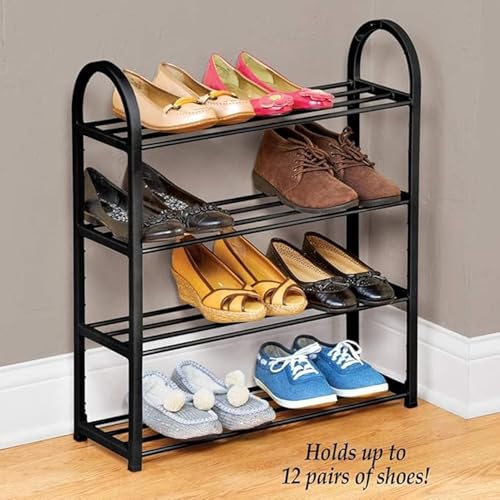 Image of Compact Shoe Organizer Shelf for Floor, Bedroom, Hallway, or Living Room: 4-Tier Freestanding Metal Shoe Rack Black