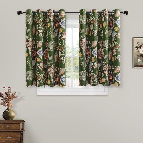 Image of Short Black Out Floral Patterned Curtains 45 Inch Long for Bedroom 2 Panels | 100% Blackout Boho Farmhouse Vintage Cottage Core Decorative Window Treatment for Bathroom Kitchen Small Window Green 52x45