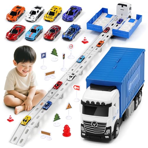 Joyreal 車 おもちゃ - 建設車両セット 1台収納車 6台ミニカーセット 車 玩具 はたらくくるま 3 4 5 6歳 働く車 子供 男の子 女の子 誕生日 プレゼント 子供 の 車 おもちゃ 知育玩具の画像