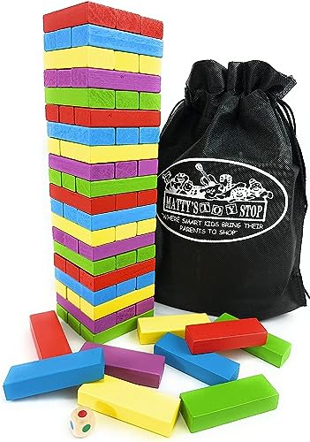 Matty's Mix-Up 60pc Large Colorful Wooden Tumble Tower Deluxe Stacking Game with Storage Bag