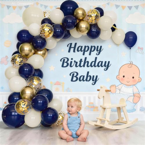 Image of Blocesa Navy Blue Gold White Sand Balloons Arch Kit, Latex, Party Decor. | Navy /Dark Blue /White Sand /Chrome Gold /Confetti Balloon Garland. For Wedding, Boy Birthday, Gender Reveal, Back to School.