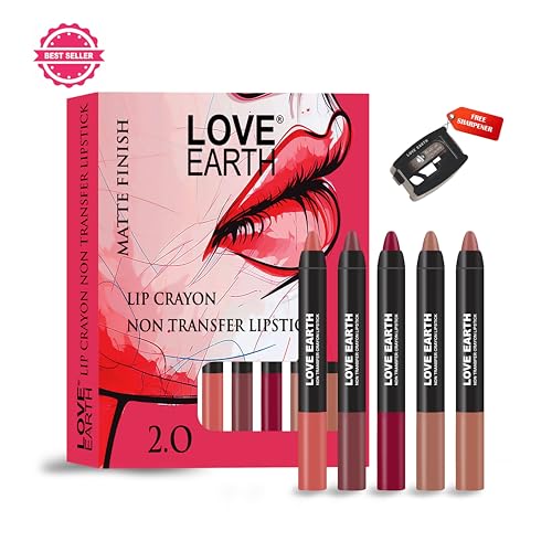 Image of Love Earth Crayon Lipstick 2.O Matte Finish Combo Kit | Lightweight, Non-Lasting, Non-Transfer,Smudge Proof, Creamy Matte Lipstick Set | Multicolor Crayon Lipstick -Multicolor (3.5g X 5) 17.5grm
