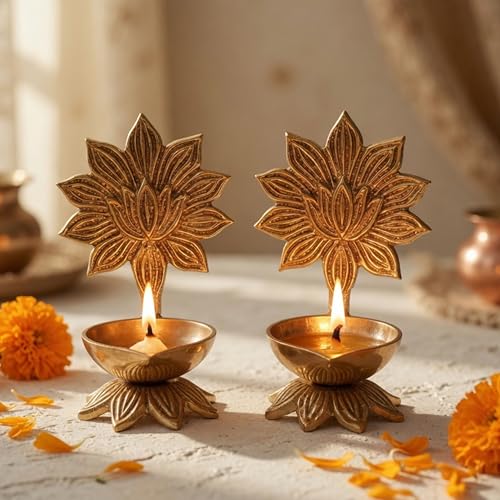 Image of Behoma 100% Pure Brass Lotus Diya Set of 2 for Puja | Traditional Handcrafted Brass Oil Lamp Diya for Home, Temple, Office, Pooja Room Decoration, Festive Rituals & Housewarming Gift Item
