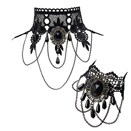 Qrettie Choker Necklace Bracelet Set for Halloween Punk Steampunk Costume Party Women Gothic Black Lace Necklace Halloween Choker Lolita Victorian Steam Punk Choker Pendant Chain
