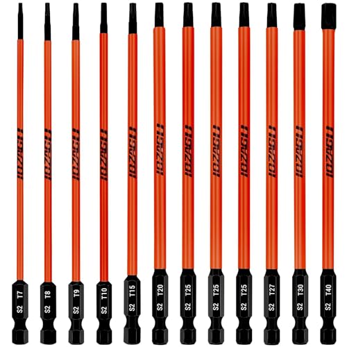 LOZAGU 12Pcs Long Torx Bit Set 6-Inch (152mm) T7 to T40 Magnetic Security Tamper Proof Star Bit Set 1/4 Inch Hex Shank | S2 Steel