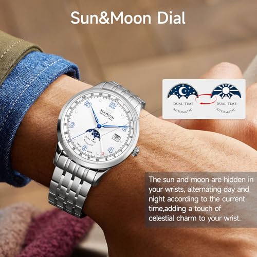 marvin Automatic GMT Men's Watch Swiss Movement Mechanical Luxury Watches for Men with Stainless Steel Strap,Sun&Moon Dial,Luminous Hands and Hour Markers,50m Waterproof3