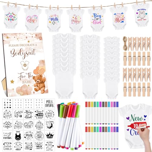 Panitay 126 Pcs Baby Shower DIY Bodysuit Set Bib 25 Blank White Newborn Bodysuit 25 Stencils 24 Marker 1 Sign 50 Pins(Bear)