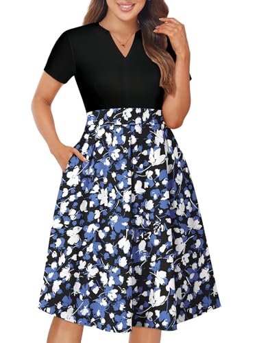 Image of YATHON Womens Elegant Print Notched Neck Slant Pocket Pleated Hem Casual A-Line Dress
