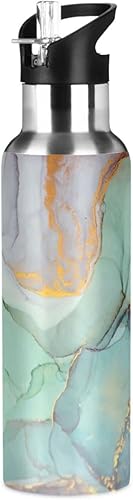 Kcldeci Botella de agua deportiva de mármol colorido de 20 onzas, tapa de pajilla, a prueba de fugas, aislada al vacío, acero inoxidable, caliente,