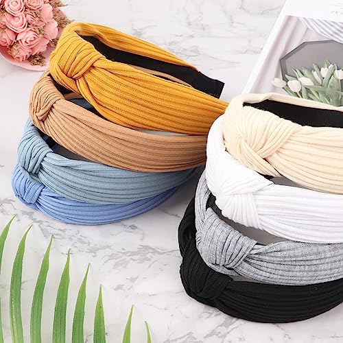 Image of DRESHOW 8 Pack Knotted Headbands for Women Wide Turban Headband Yoga Exercise Ribbing Hair Hoop Hair Bands Accessories