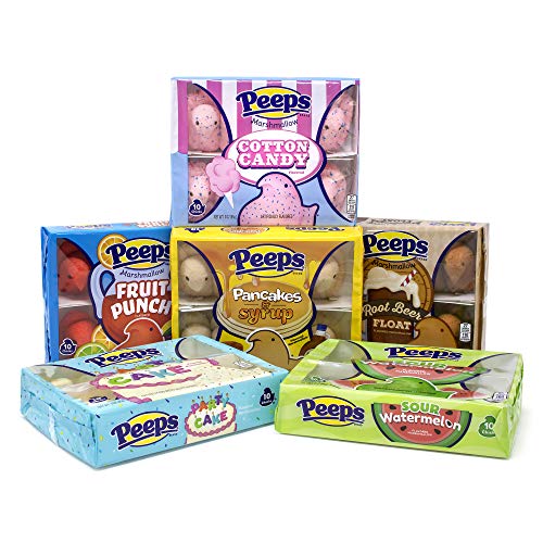 PEEPS Flavored Marshmallow Chicks Variety Pack, 6 Packs of 10-count PEEPS Marshmallow Chicks: Fruit Punch, Party Cake, Sour Watermelon, Cotton Candy, Pancakes & Syrup, Root Beer Float