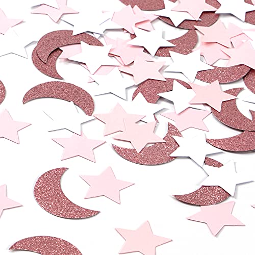 Image of Rose-Gold Pink-White Moon Star Confetti - 300pcs Glitter Twinkle Little Star Table Confetti Eid Ramadan Mubarak Decoration Birthday Wedding Baby Bridal Shower Party Decor Lasting Surprise