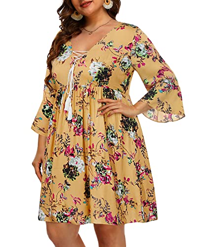 Women's Plus Size Boho Dress Floral V Neck Tassel Bell Sleeve Casual Summer Beach Flowy Mini Dress3