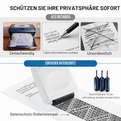 Datenschutz Rollstempel Für Dokumentenschutz, Sicherheitsstempel Zur Prävention Von Identitätsdiebstahl, Mit Breitem Muster Und 3 Nachfüllkartuschen, Ideal Für Identitätsschutz, Weiß
