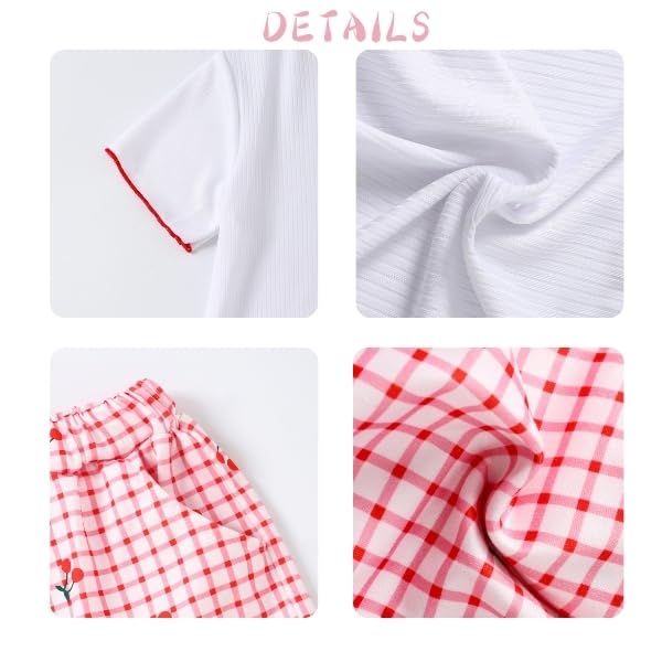 Image of Yoxindax Tween Girls Summer 2-Piece Outfit Set - Crew Neck Short Sleeve T-Cherry Print Shorts 7-14Y Summer Clothes