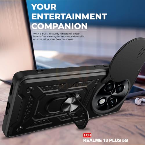 Image of Armor Bumper Back Cover Case for Realme 13 Plus / P1 Speed 5G Rotating Camera Cover, Ring Holder & Kickstand | Heavy Duty & 360 Degree Protection Back Cover (Black)