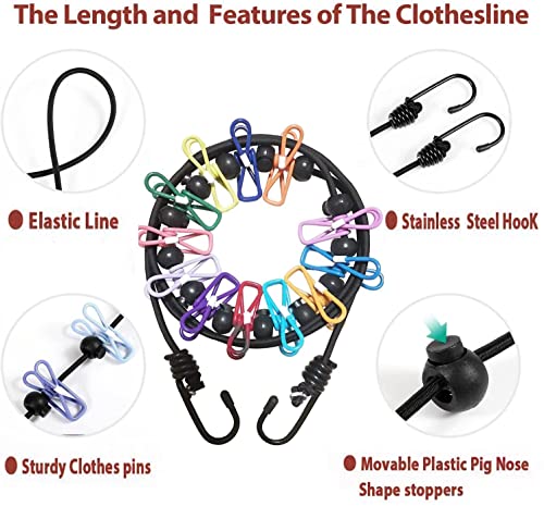 Portable Clothesline For Travel Camping 12 Clothespins,Windproof Travel Clothesline Stretchy Retractable Elastic Laundry Clothes Line For Backyard, Vacation Hotel, Balcony Clothes Drying Line #TOP2