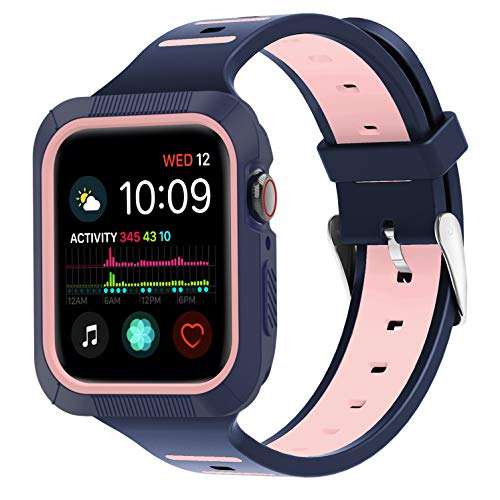 ZYTX Compatible with Apple Watch Band 40mm, Silicone Band with Shock-Proof and Shatter-Resistant Protective Case Replacement for Apple Watch Series 4 (Midnight Blue/Vintage Rose)