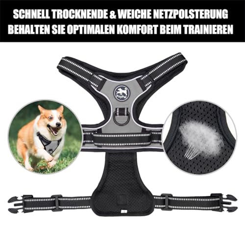 PoyPet No Pull Hundegeschirr, reflektierendes Westengeschirr mit 2 Leinenbefestigungen und einfachem Steuergriff für kleine mittelgroße Hunde (Grau, S (1er Pack))