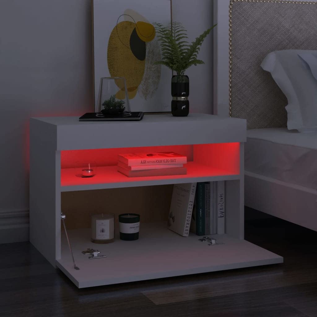 vidaXL 2X Mesita de Noche y Luces LED Aparador Auxiliar Armario Cama Dormitorio Habitación Organizador Almacenamiento Blanco 60x35x40 cm