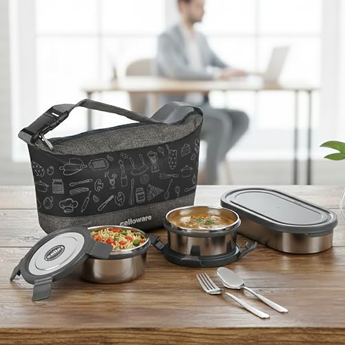 Image of CELLO MF Blaze Stainless Steel Lunch Box for Office Use Grey | 300ml x 2 Round Containers, 1 x 500ml Oval Containers, Lightweight Easy to Carry Leak Proof Airtight Tiffin Box for Travel and Daily Use