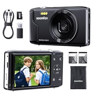 SOOMFON 72MP Digitalkamera, 16X Zoom Fotokamera mit 32G TF-Karte, Kartenleser & 2 x Akkus, Tragbarer Digital Kamera Fotoapparat Vintage mit 2,8" Bildschirm, für Kinder Jungen und Anfänger (Schwarz)