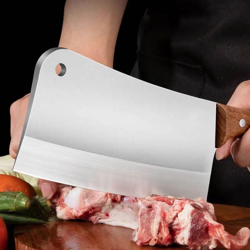 Image of Wizbiz 7 Inch Heavy Duty Stainless Steel Meat Cleaver Knife | Butcher Knife for Mutton, Chicken, Bone & Vegetable Cutting | Sharp Chopper with Wooden Handle for Home Kitchen