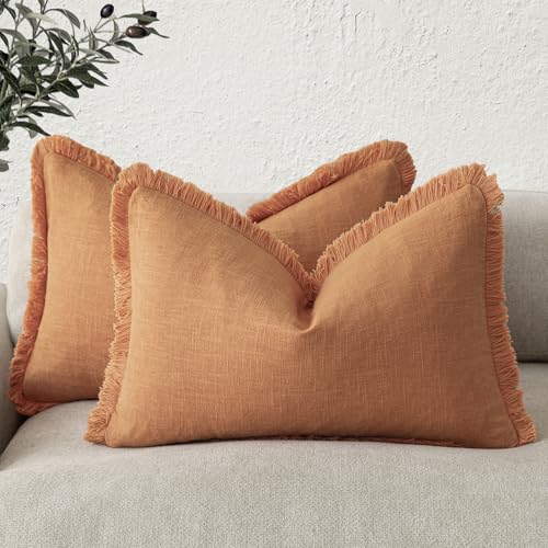 Image of Foindtower Set of 2 Decorative Linen Fringe Lumbar Throw Pillow Covers Boho Farmhouse Cushion Cover with Tassels Soft Accent Pillowcase for Couch Sofa Living Room Home Decor,12x20 Inch,Dusty Orange
