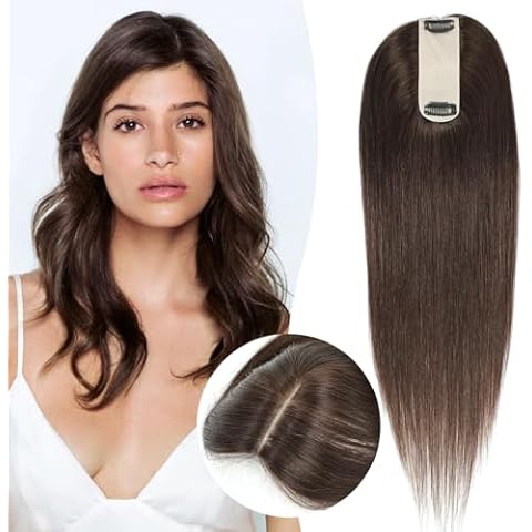 Hair Toppers for Women Real Human Hair, Urbeauty 16 Inch Scalp Line Hair Toppers Hair Pieces for Thinning Hair Parting, 100% Real Human Hair Toppers 1.5"x5" Silk Base Medium Brown Can Be Curled #4 Cover