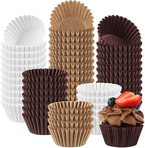 Ruisita 1200 Pieces Mini Cupcake Liners 1.25 Inch Paper Baking Cups Muffin Liners Cupcake Wrappers Creaseproof Muffin Cups for Weddings, Birthdays, Baby Showers, Brown, Natural, White