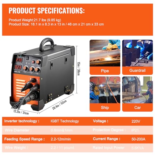 VEVOR MIG Welder, 3 in 1 270 Amp Welding Machine, 110 220V MIG Lift TIG Arc Welder, Portable Lift TIG Welder ARC Welder with IGBT DC Inverter, LCD Digital Display, Welder Torch and Welding Wire