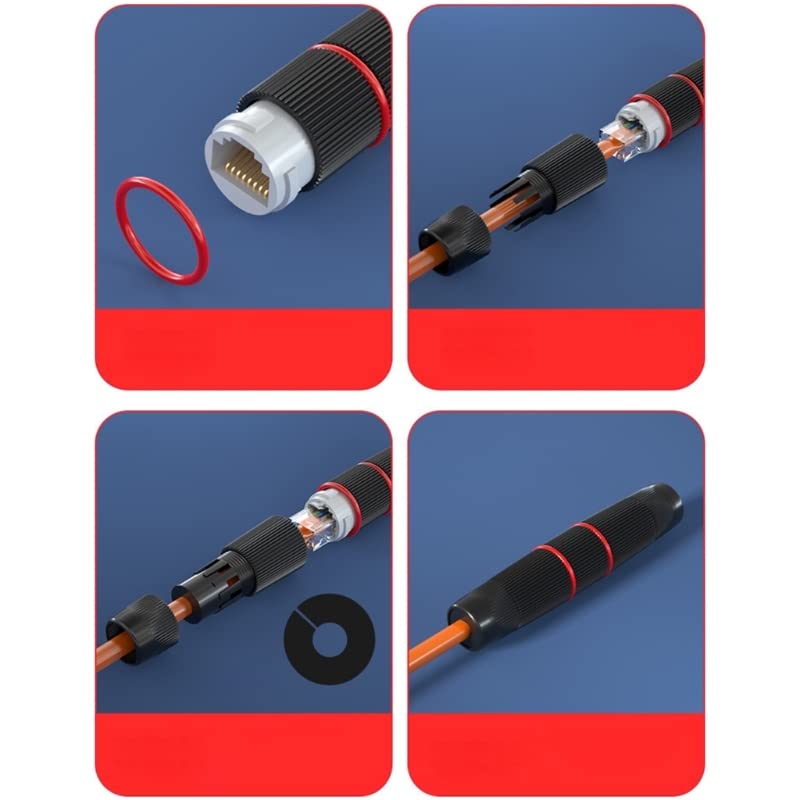 Four-step diagram illustrating the assembly of the waterproof RJ45 coupler: 1. Insert RJ45 into main body. 2. Thread cable through nut and plug. 3. Insert plug into body and screw nut. 4. Connect second RJ45 cable.