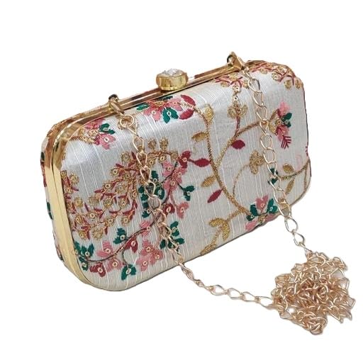 Rajasthani Party Box Clutch with Chain Sling for Women White-image-18