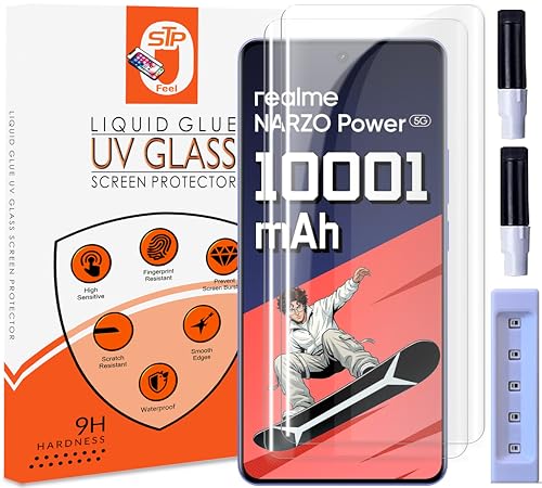 Image of STP FEEL Premium UV Tempered Glass Screen Protector Guard Compatible For Realme Narzo Power 5G (6.8 Inch, Pack of 2) Full Adhesive UV Curved Case Friendly HD Clarity with easy installation kit