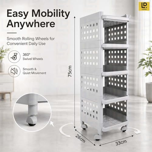 Image of LEOPAX 5 Tier Multi-Purpose Storage Rack Stackable Shelf Utility Rolling Stand Rack | Storage Organizer Racks with Wheels for Kitchen Laundry Room Bathroom Office Home - Grey (28 x 33 x 94cm)