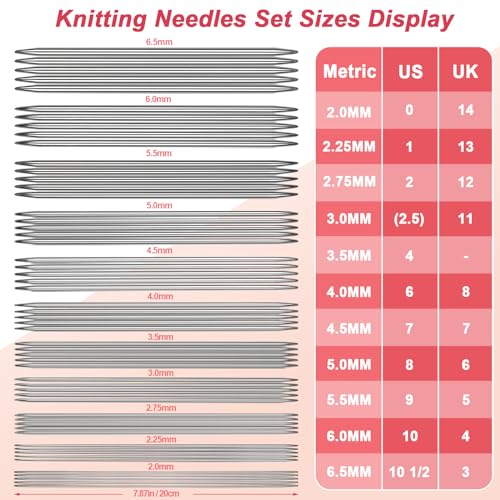 Image of Coopay 55pcs Double Pointed Knitting Needles Set, 2.0mm-6.5mm, Sock Knitting Needles, 20cm Metal DPN Shorties Knitting Needle for Socks Gloves Hats, Double Pointed Needles with Knitting Needle Gauge
