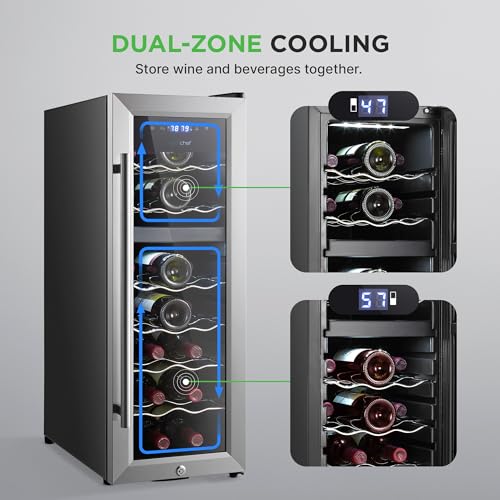Image of Nutrichef 18 Bottle Wine Fridge | Dual Zone Wine Chiller | Adjustable Temperature 41F to 64F | Ultra Quiet Operation | Wine Cooler For Home & Office | Free Standing 32x11x23 IN | Black