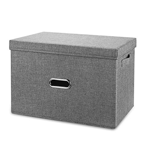 Image of Large Linen Fabric Foldable Storage Bins with Removable Lid and Handles, Washable Storage Box Organizer Containers Baskets Cube with Cover for Bedroom,Closet,Office,Nursery (Grey, Extra Large)