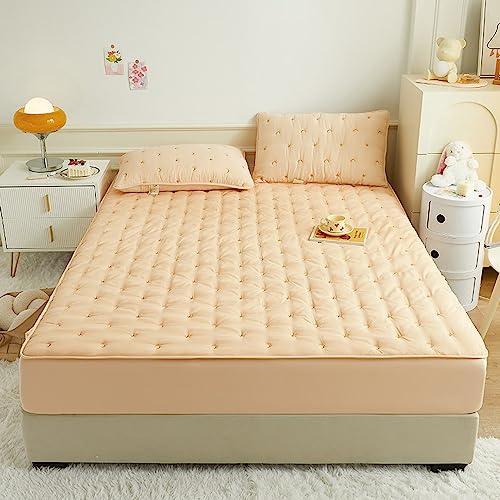 BAJIN Sábana bajera doble de 150 x 200 cm + 30 cm, protector de colchón acolchado para cama individual, sábana bajera ajustable de polialgodón, 100% polialgodón, sábana individual amarilla