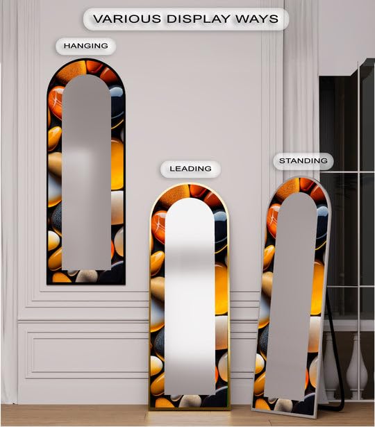 Zen & Spa Stones - Specchio da pavimento ad arco a lunghezza intera, con cornice nera e cornice dorata