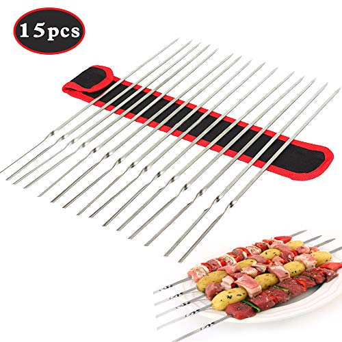 KUMOOM Kabob skewers, 14" Stainless Steel Barbecue Skewers Flat Metal Grilling Skewers,Reusable Heavy