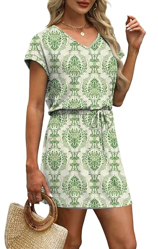 Image of OFEEFAN Summer Dresses for Women 2026 V Neck T Shirt Casual Mini Dresses Tie Waist Sundresses with Pockets