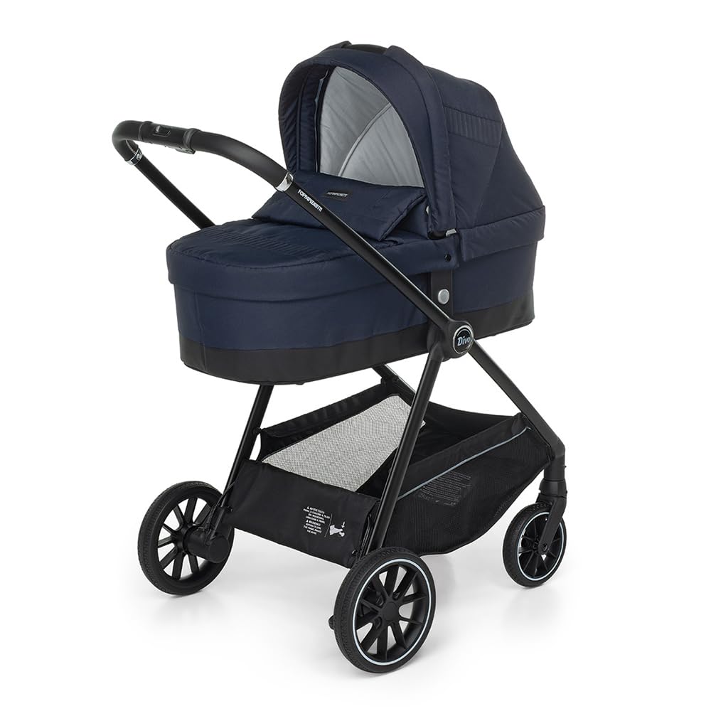 Foppapedretti Trío Divo I-Size, sistema modular combinado para niños, capazo y asiento de coche I-Size, cierre autoestable, conforme ECE R129, manejable compacto, ligero, marino